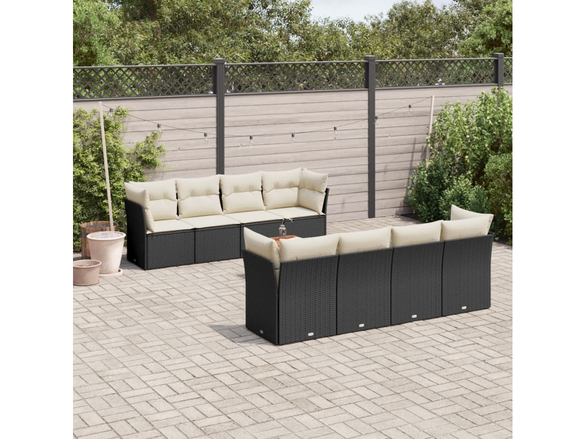 Conjunto de sofá de jardín de 9 piezas con cojines, ratán negro, Dkd Home Decor