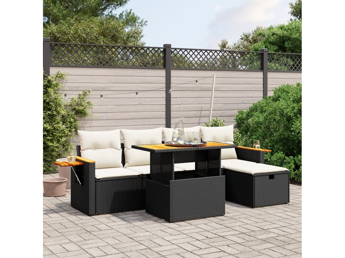Conjunto de sofá de jardín de 6 piezas con cojines, mimbre sintético negro, DKD Home Decor