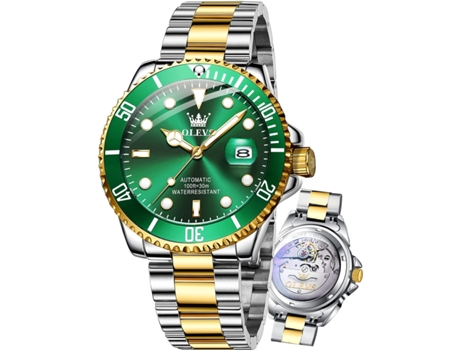 VEANXIN Reloj automático para hombre con fecha, resistente al agua, bisel giratorio, luminoso, mecánico, esfera grande, sin pilas(Verde)
