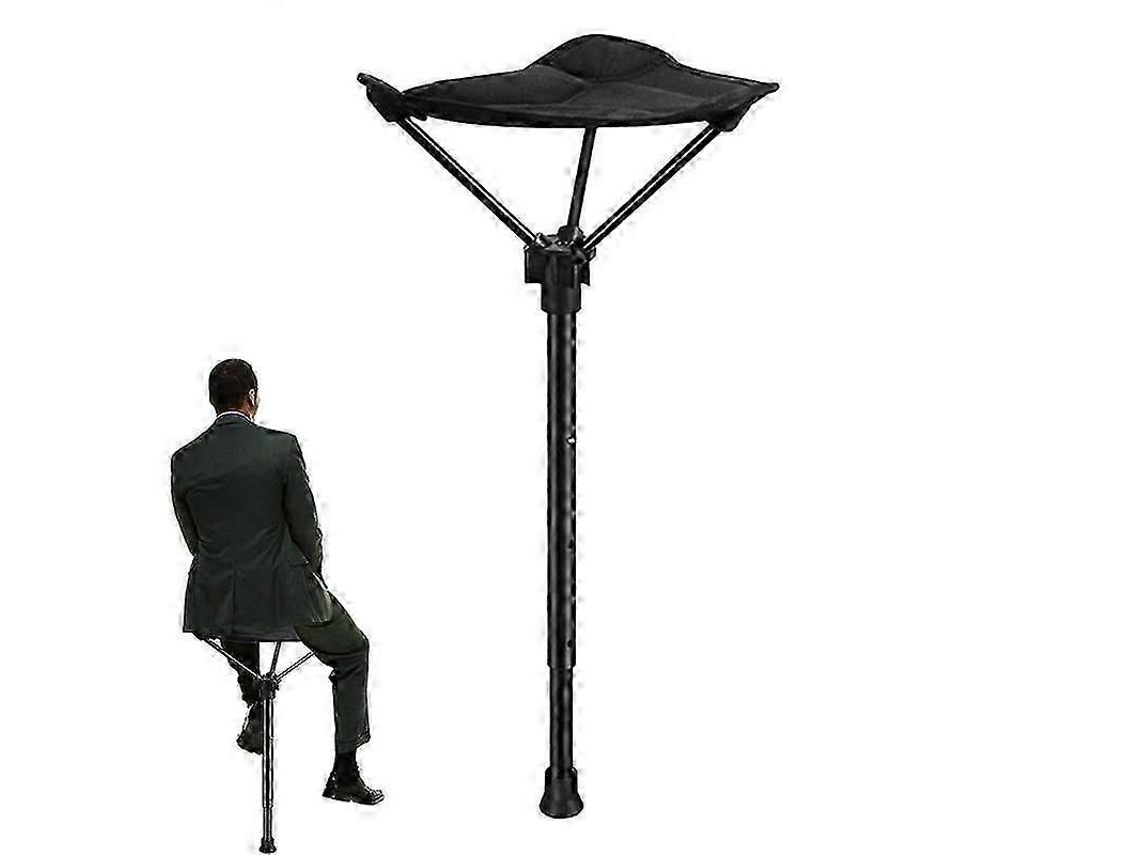 Bastón plegable con trípode y asiento regulable en altura para actividades al aire libre, senderismo y acampada.