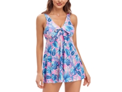 Traje de baño de dos piezas con control abdominal, estampado de hojas rosas y azules, talla L