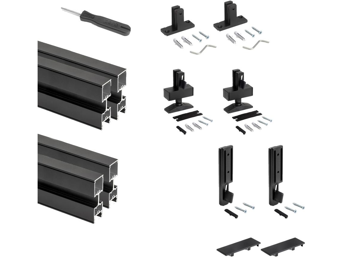 EMUCA Lote de 2 Aros Zero con Herrajes y Perfiles para Fijación a Suelo y Pared con Nivelador Pectangular - Aluminio y Zamak - Negro Texturado