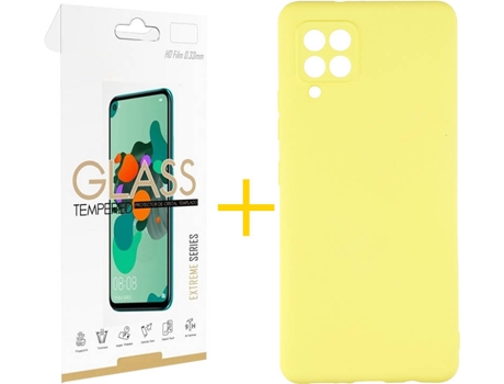 Carcasa y Protector de Pantalla de Vidrio Samsung A42 5G SKYHE Silicona Líquida Amarillo
