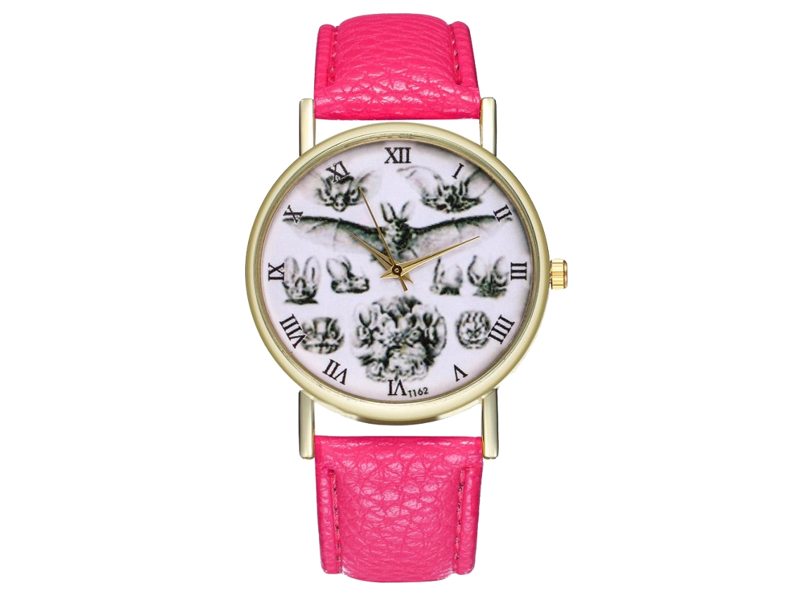 Reloj De Cuarzo Unisex Con Correa De Cuero Pu Moda Patrón Murciélago Dial Números Romanos Rojo Rosa