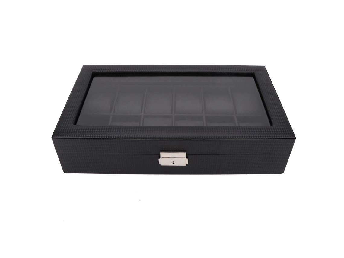 Caja De Almacenamiento Para Relojes De Cuero Negro De Alta Calidad Con 12 Compartimentos.
