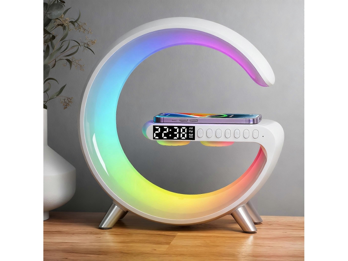 Lámpara con carga inalámbrica, altavoz Bluetooth, luz nocturna RGB con intensidad ajustable, despertador y control mediante aplicación.