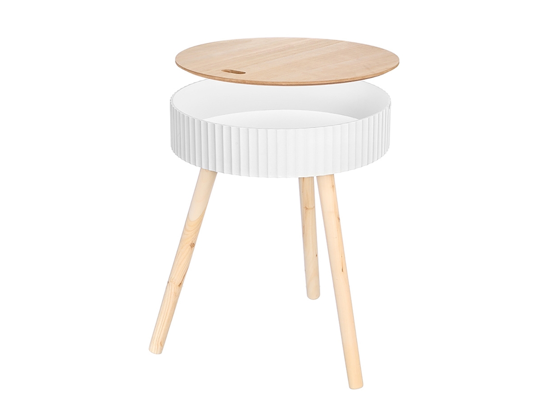 Mesa Auxiliar Blanca Con Diseño De Ondas, Tapa Elevable Y Compartimento Interior, 38 Cm De Diámetro.