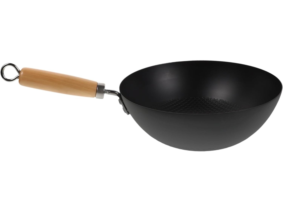 Wok Doméstico Inoomp De 24 Cm, Sartén Pequeña De Hierro Estilo Japonés Con Mango De Madera Termoaislante Y Fondo Plano