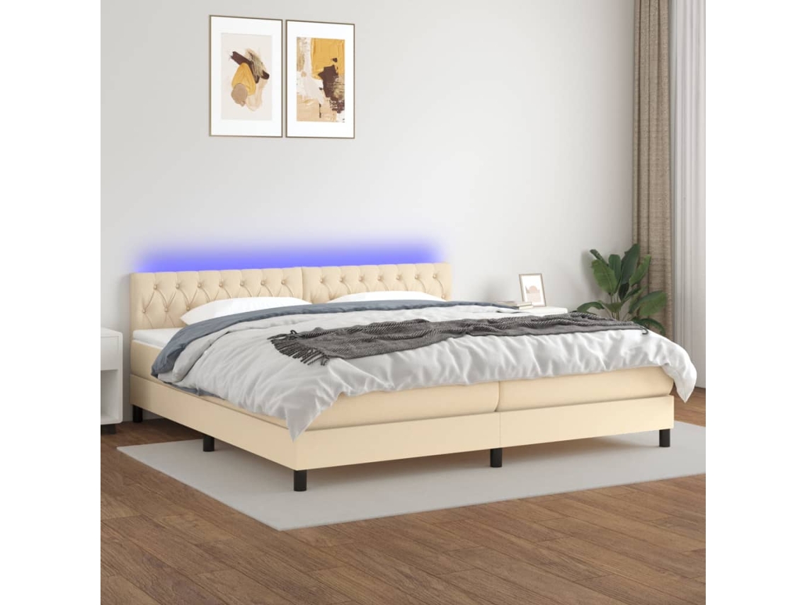 Cama Box Spring Colchón Y Luces Led Tela Crema 200x200 Cm