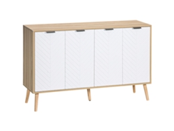 Aparador Bajo Con 2 Armarios, 4 Puertas, Estampado En Espiga, Estantes Ajustables, 120 X 35 X 77,4 Cm, Blanco