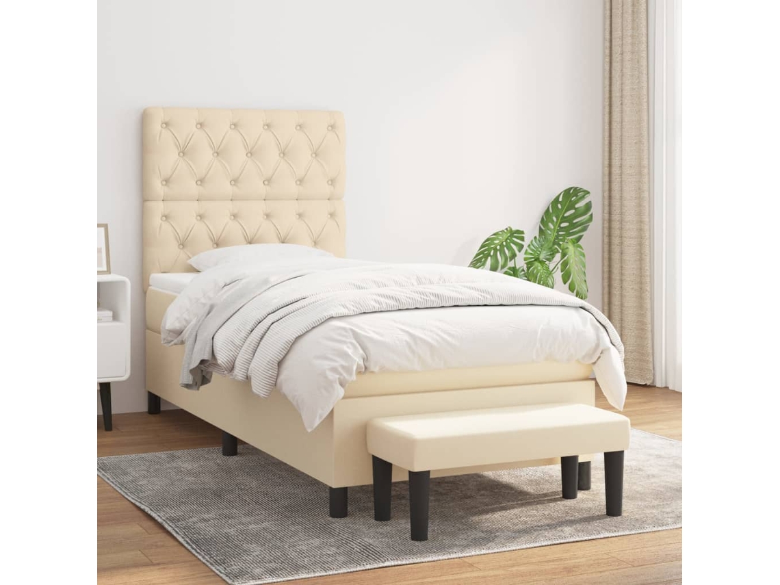 Cama Box Spring Con Colchón Tela Color Crema 80x200 Cm