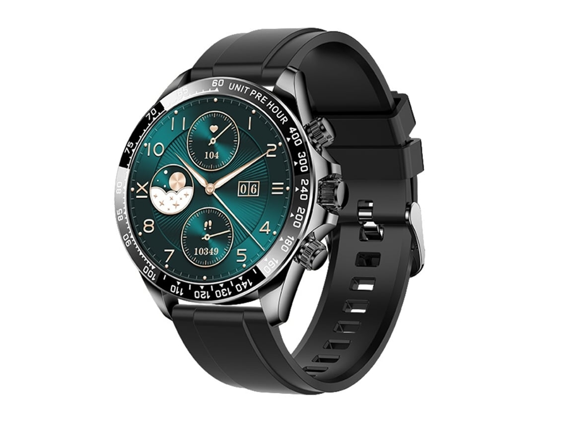 Reloj inteligente negro Yunzii con llamadas Bluetooth, botón giratorio, monitorización de frecuencia cardíaca y presión arterial