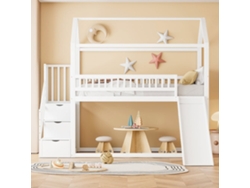Cama Alta Infantil 90x200 Cm - Con Tobogán, Escalera Con Almacenamiento, Estructura De Madera Maciza, Barandilla Alta - Blanco