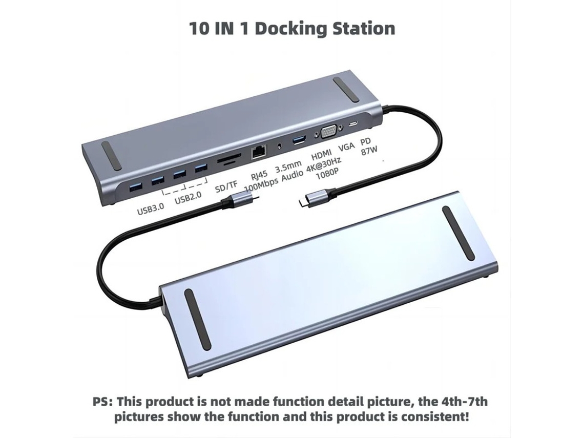 Hub USB C, adaptador de estación de acoplamiento 10 en 1 con HDMI 4K, VGA, fuente de alimentación de 87 W, USB 3.0/2.0 de 5 Gbps, Ethernet RJ45, lector de tarjetas SD/TF Yizhood
