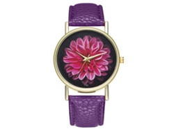 Reloj De Cuarzo De Moda Para Mujer Con Correa De Piel Sintética Con Estampado Floral Morado.