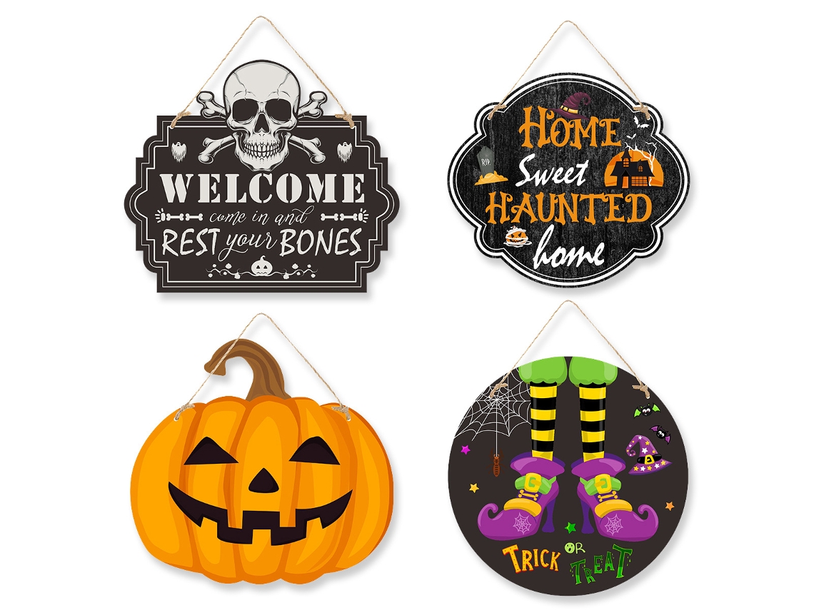 Placa decorativa de Halloween de 4 piezas: letrero de puerta de papel sangriento, adorno de fiesta aterradora NEVEANCE