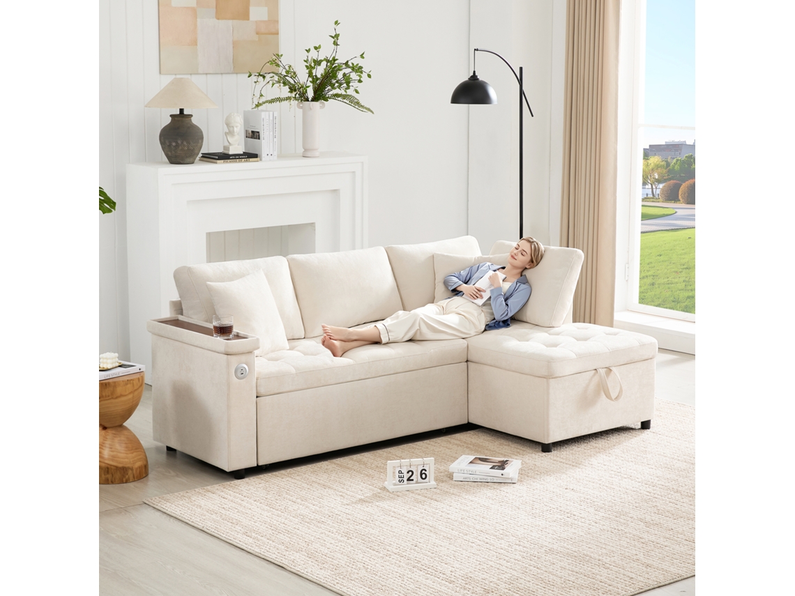 Sofá L Moderno 3 Plazas - Sofá Cama Extensible Con Almacenamiento, Puerto Usb Y 2 Cojines - Beige
