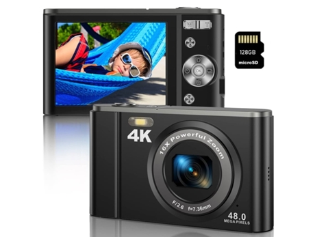 Cámara Digital Infantil Compacta Dc303 4K 48Mp con Enfoque Automático Zoom 16X 2 Pantalla 8 Pulgadas 128G - Negro VIGA EUROPE