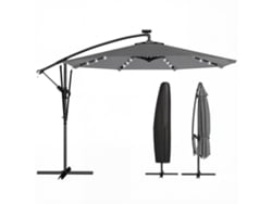 Sombrilla lateral solar LED de 330x295 cm con base en cruz y cubierta de manivela, color gris oscuro.