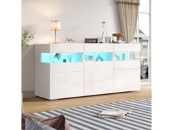 Aparador 140x40,5x66,5 cm, 3 Puertas, con LED, 7 Estantes, Blanco, Mobrio