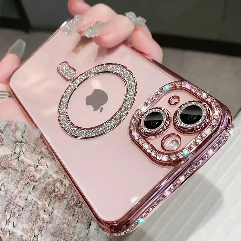 (iphone 15 Plus, Rosa) Funda Transparente Y Brillante De Cristal Para Iphone Con Soporte Para Carga Inalámbrica Magnética Magsafe.
