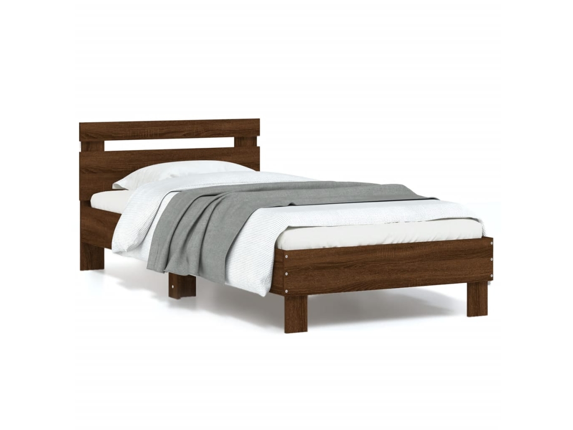 Estructura De Cama Cabecero Luces Led Marrón Roble 90x190 Cm