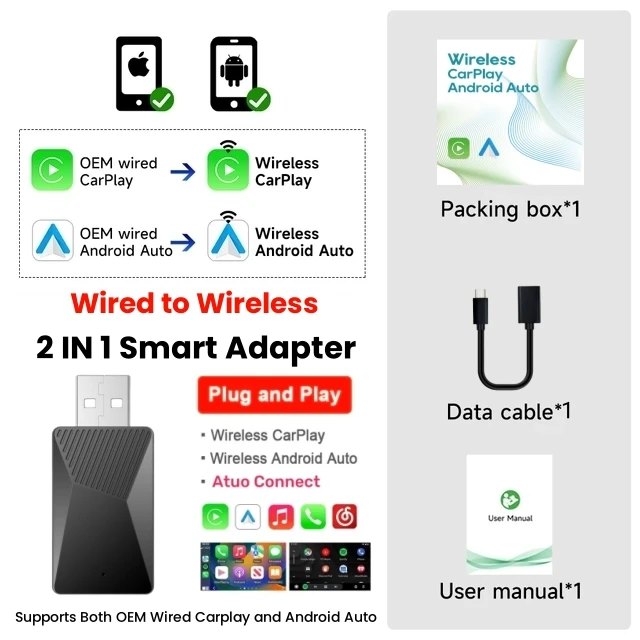 Adaptador Mini Ai Box 2 en 1, cable inalámbrico CarPlay Android Auto, compatible con el 99% de los coches, Plug and Play, Wifi, Modelo B