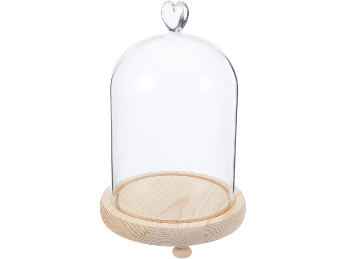 Elegante Campana Cristal Forma Corazón Madera Reforzada Acabado Figuritas Flores Base Liso