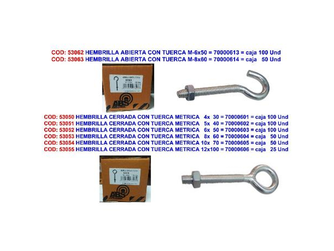 Hembrilla abierta con tuerca m-8x60   70000614 (caja 50 unidades)