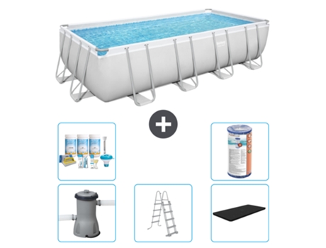 Piscina BESTWAY rectangular Power Steel - 488 x 244 x 122 - gris con bomba incluida - escalera - cubierta Paquete de mantenimiento - Filtrar