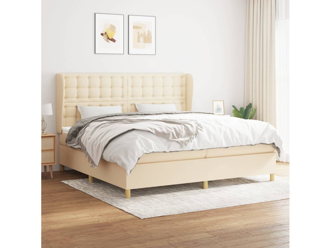 Cama Box Spring Con Colchón Tela Color Crema 200x200 Cm