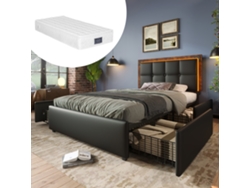 Cama individual tapizada ZIWEI STORE con tira LED y 4 cajones, poliuretano negro, cabecero ajustable con colchón (90 x 200 cm)