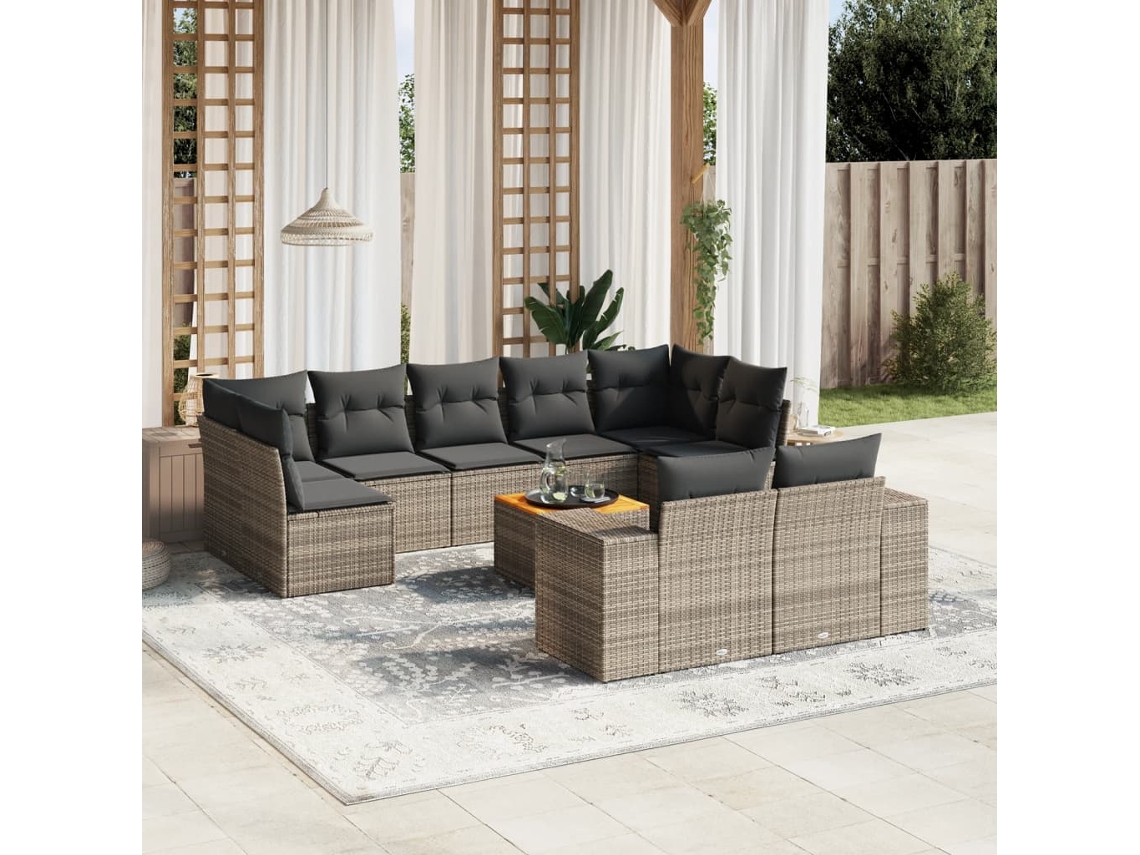 Conjunto de sofá de jardín de 10 piezas con cojines, ratán gris, DKD Home Decor
