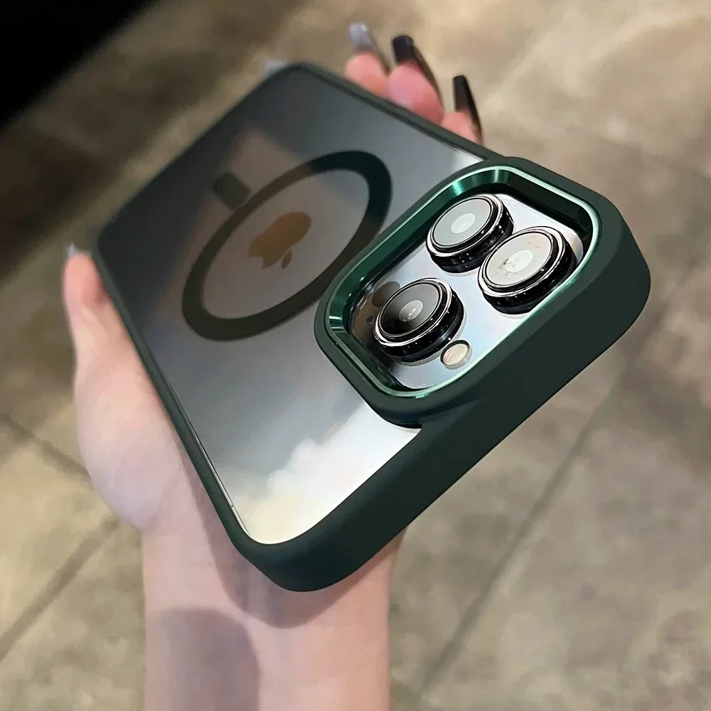 (iphone 11 Pro Max, Verde Oscuro) Funda Protectora Transparente Magnética Para Carga Inalámbrica Magsafe, Marco A Prueba De Golpes.