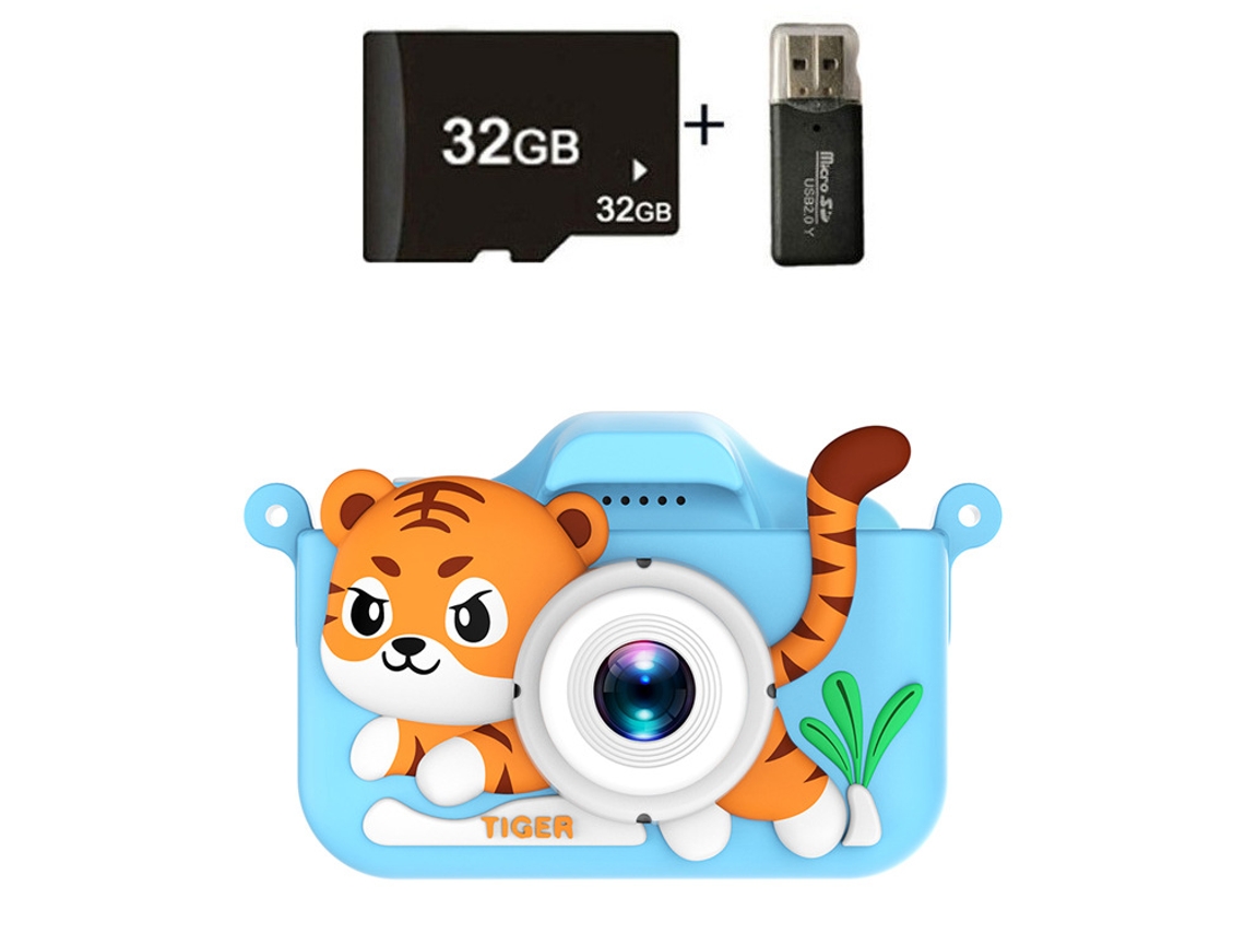 Cámara digital de juguete para niños, grabación HD de 1080p, tarjeta SD de 32 GB y lector de tarjetas, Tigre Azul Hexinyigjly