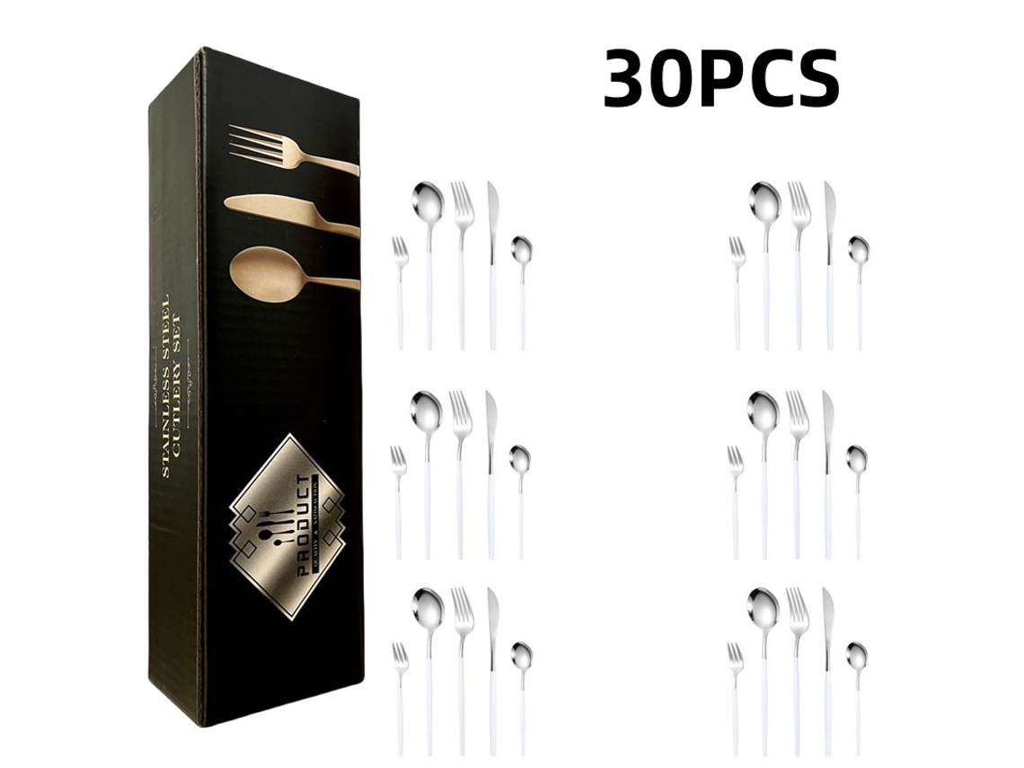 Juego de cubiertos de acero inoxidable de 30 piezas, blanco con detalles dorados, estilo clásico.