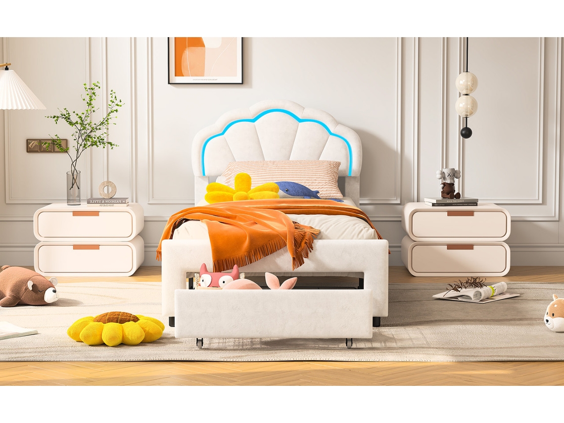 Cama Individual Infantil Cama Con Cabecero En Forma De Concha 90x200cm Con Luz Led, Cajón Y Terciopelo Blanco - Diseño Acogedor Y Tierno