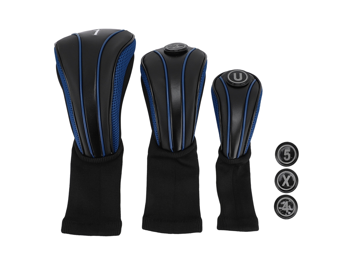 2026-3pcs Funda Para Cabeza De Palo De Golf Con Placas Númericas Extra De Cuello Largo Anti-arañazos Aireado Pu Para Madera Driver Negro Azul