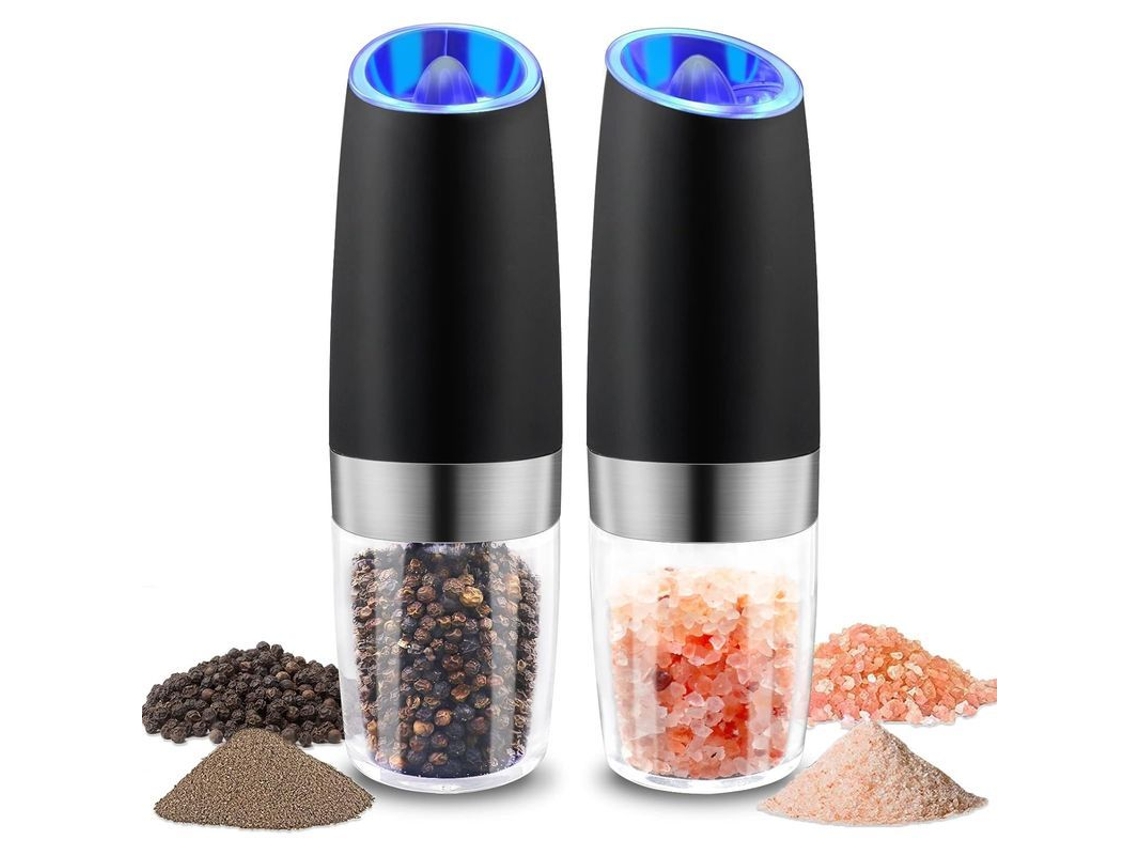 Molinillo eléctrico de sal y pimienta con luz LED azul, funciona con pilas, alimentación por gravedad ajustable.