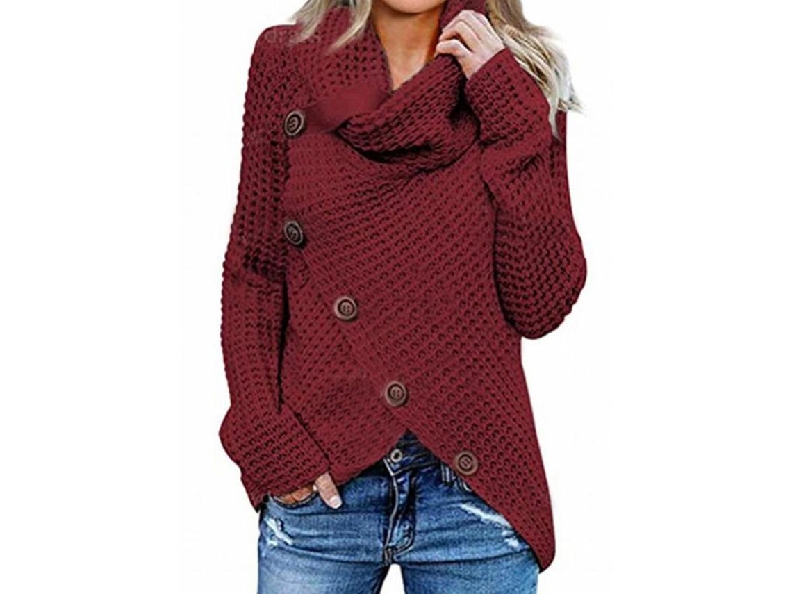 Sudadera femenina de 2026 con cuello alto liso, botones y bajo asimétrico en punto grueso.