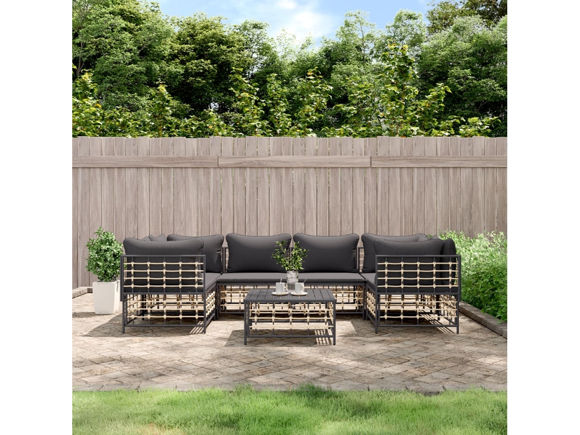 Conjunto de muebles de jardín con cojines de mimbre antracita, Dkd Home Decor