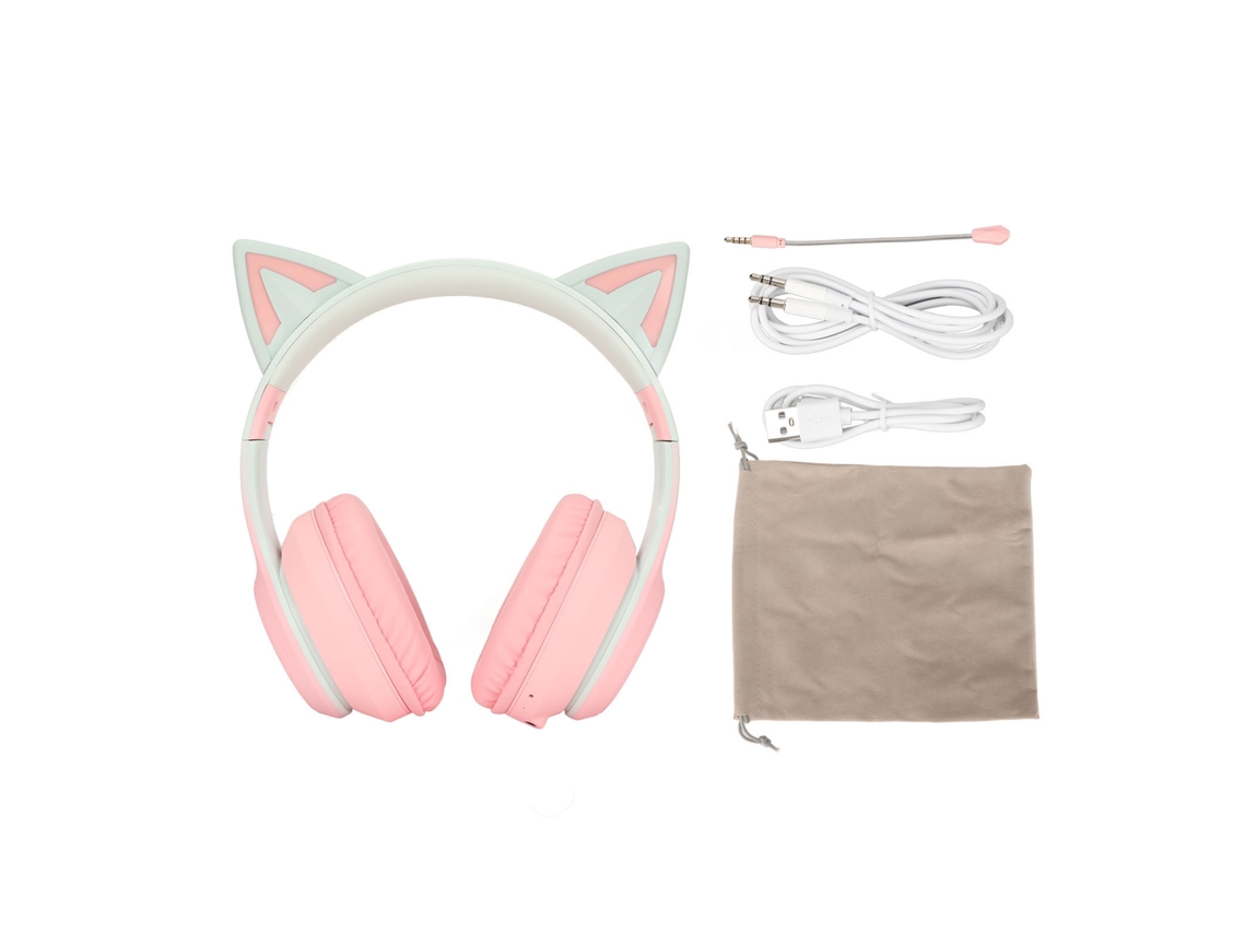Auriculares Inalámbricos Plegables Con Orejas De Gato, Bluetooth, Para Juegos, Con Luz Led Y Micrófono Desmontable - Rosa