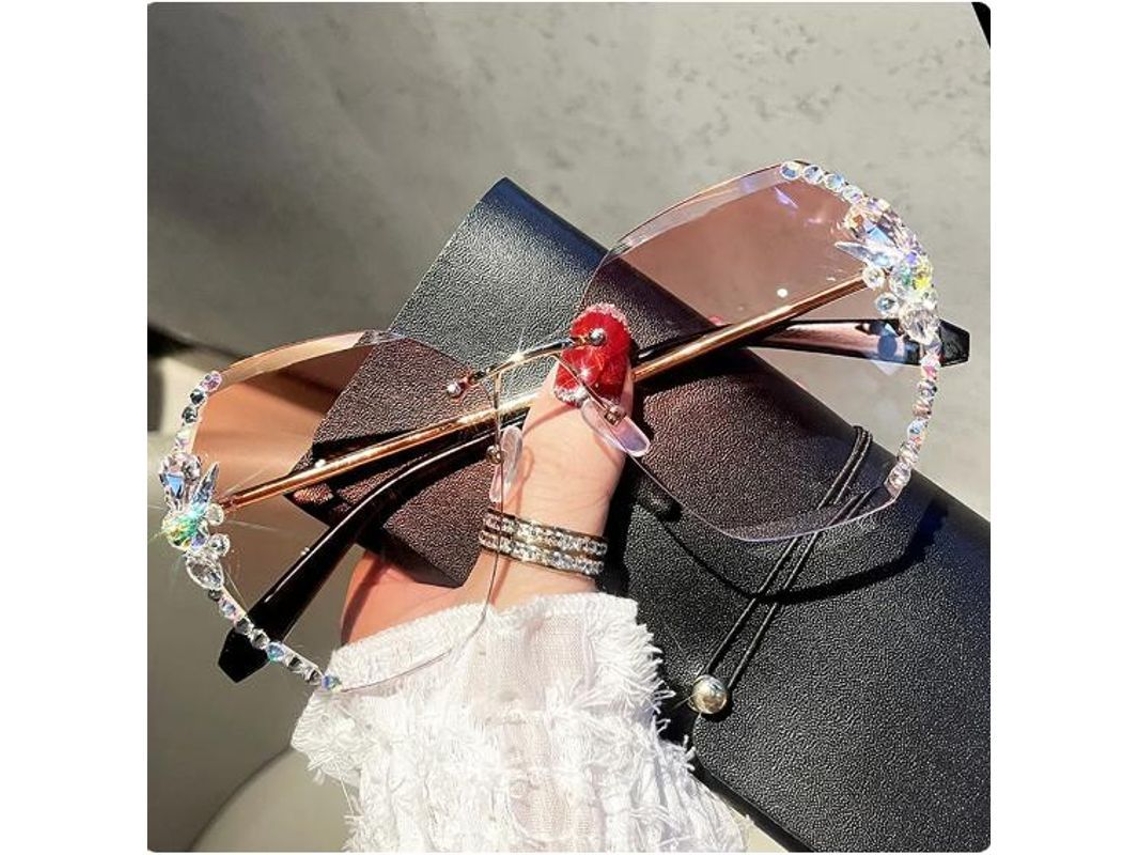 Gafas de sol de lujo vintage sin montura con diamantes de imitación para mujer, diseño de moda, lentes degradadas, 2023.
