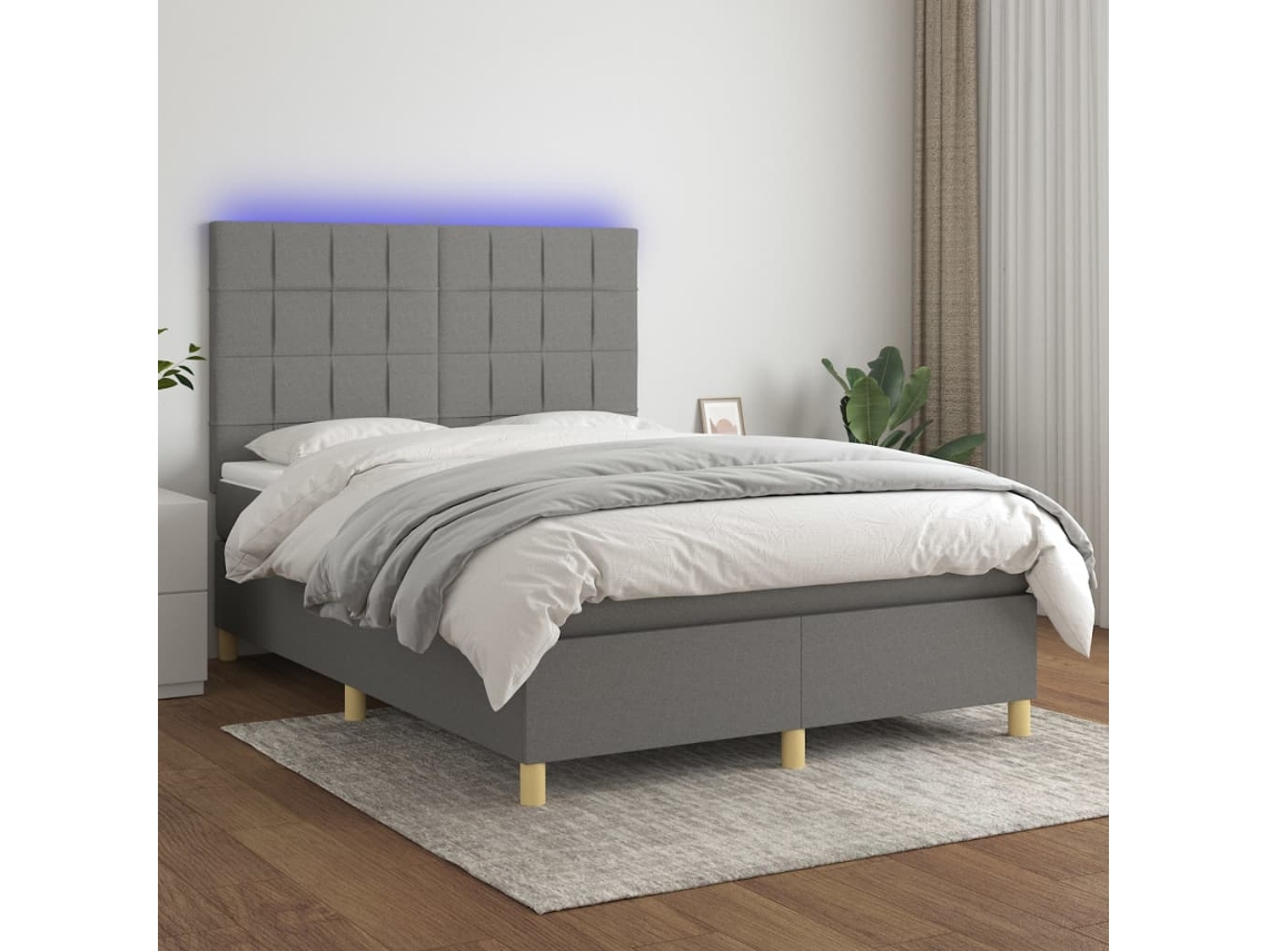 Cama box spring colchón y luces LED tela gris oscuro 140x200 cm