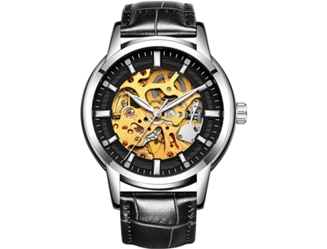 VENAXIN Relojes deportivos automáticos de cuero con esqueleto hueco para hombre-Negro Plata Negro VEANXIN