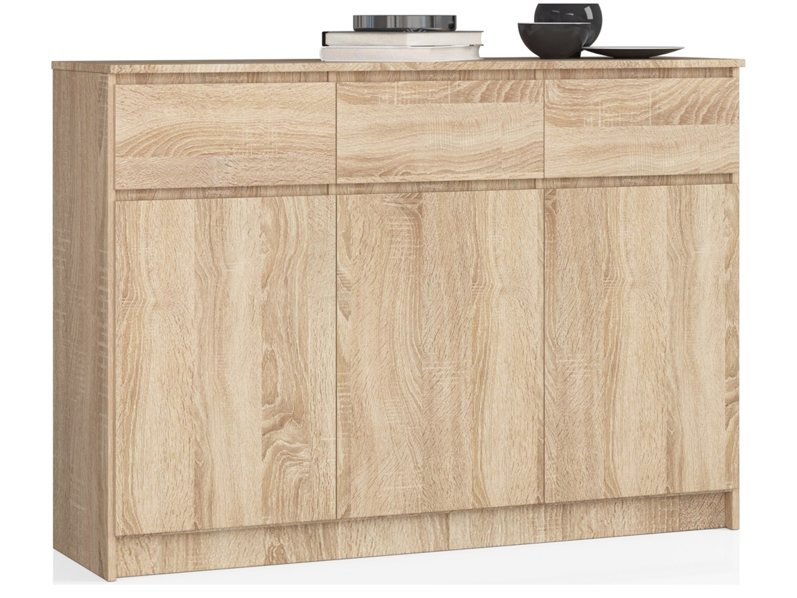 Cómoda Akord K140 Roble Sonoma 138 Cm 3 Puertas 3 Cajones Frente En Color Roble Sonoma 6 Estantes 138x40x99 Cm