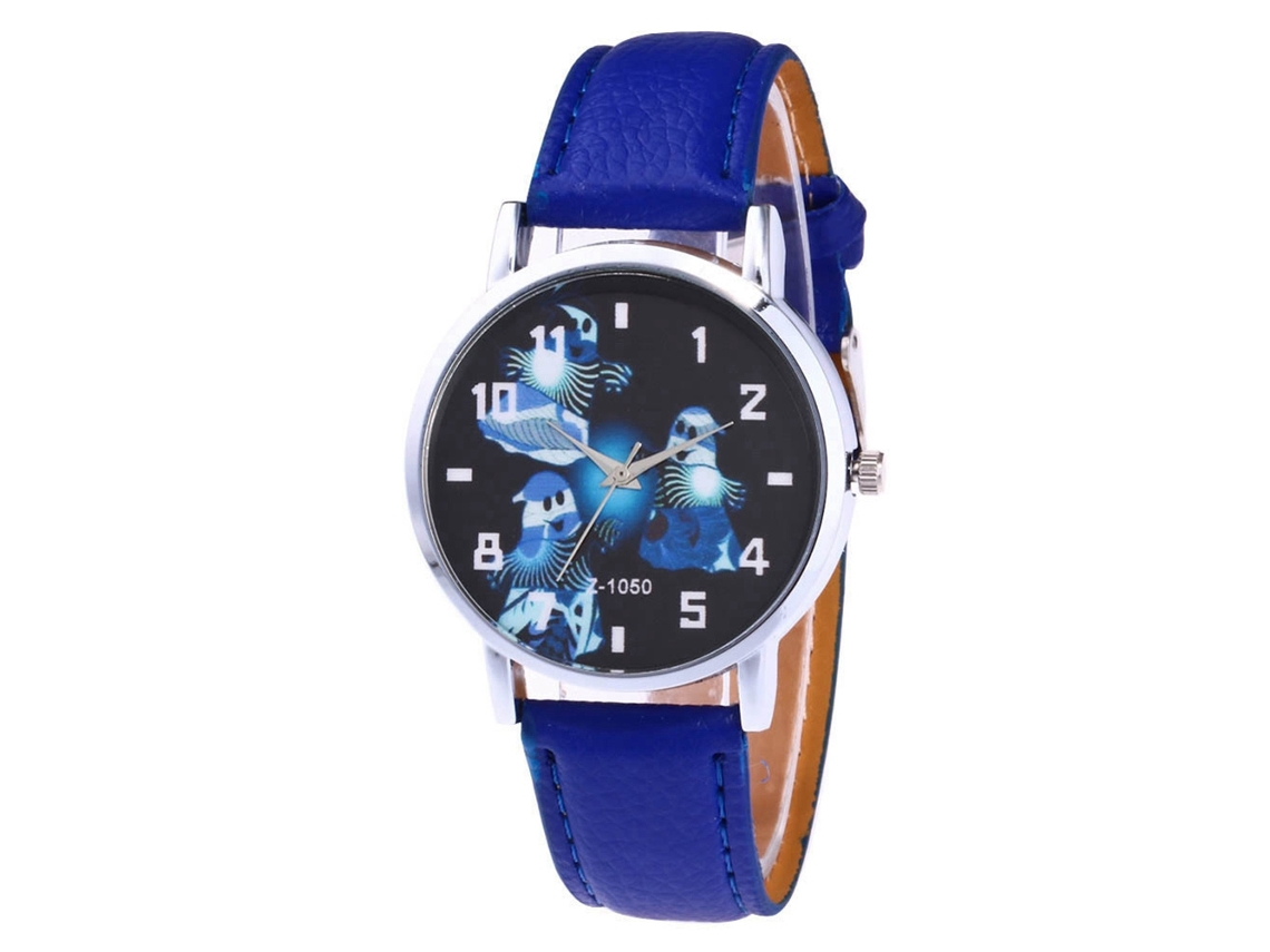 Reloj De Pareja Casual Con Correa De Pu Patrón Halloween Cute Azul Zhoulianfa