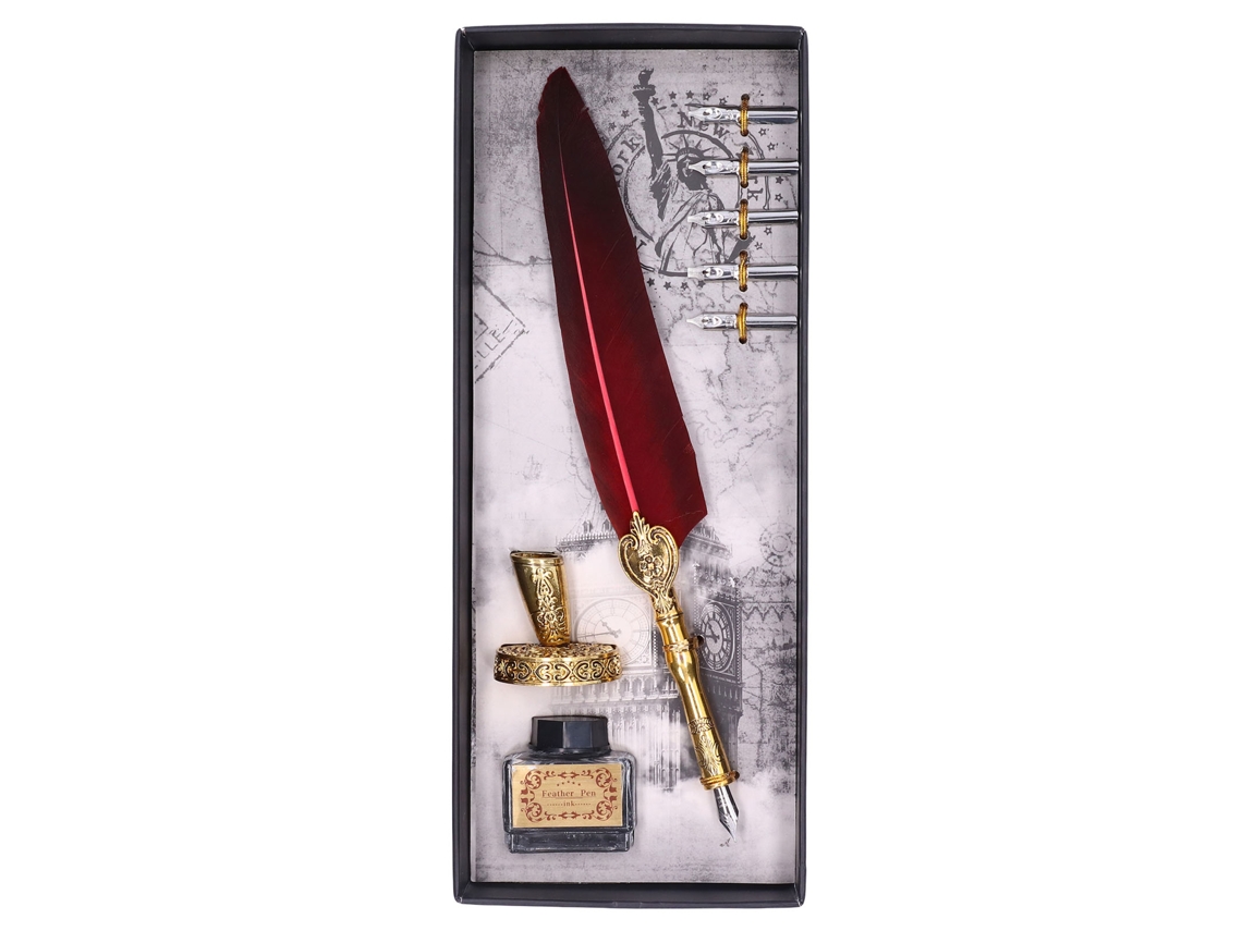 Pluma De Ave Vintage De 5 Puntas Para Caligrafía - Elegante Regalo Hecho A Mano - Carmesí