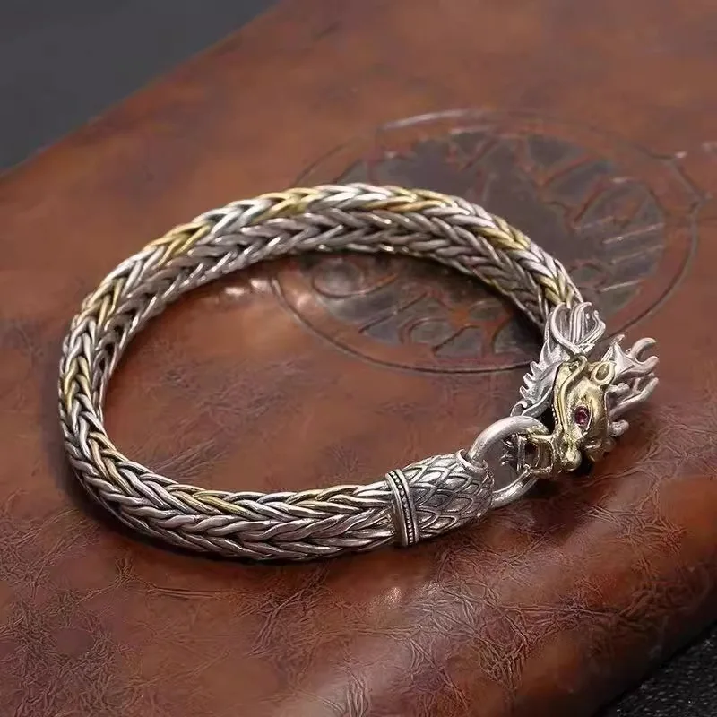 Pulsera de hombre estilo punk metal con cabeza de dragón, impresionante pulsera retro de cadena. MDUG (18 cm)