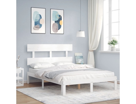 VIDAXL Cama doble blanca de madera maciza con cabecero (Madera - 135 x 190 cm)